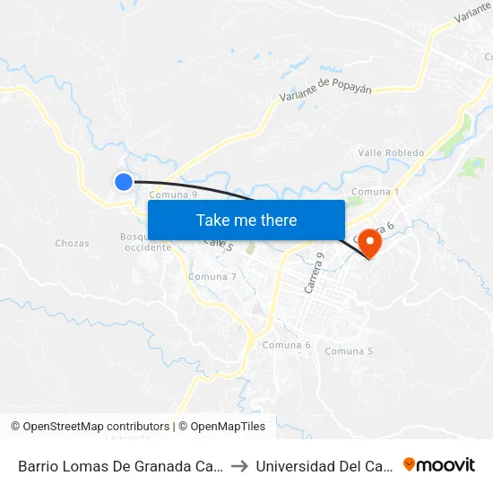 Barrio Lomas De Granada Calle 2 to Universidad Del Cauca map
