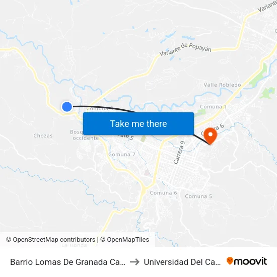 Barrio Lomas De Granada Calle 3 to Universidad Del Cauca map