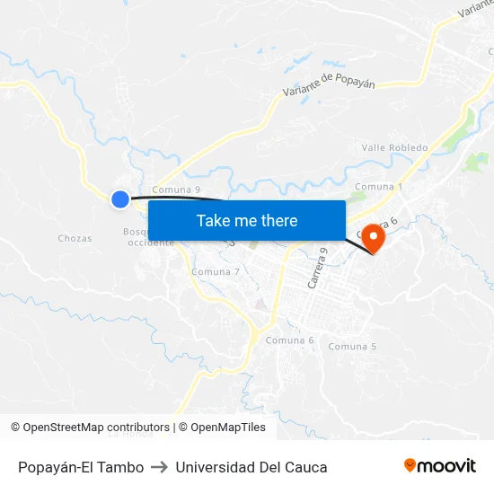Popayán-El Tambo to Universidad Del Cauca map