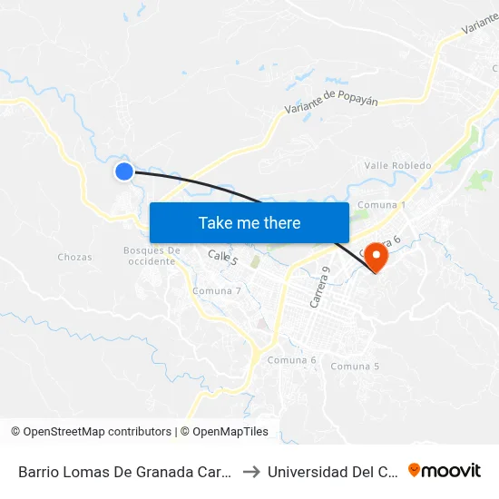 Barrio Lomas De Granada Carrera 49 to Universidad Del Cauca map