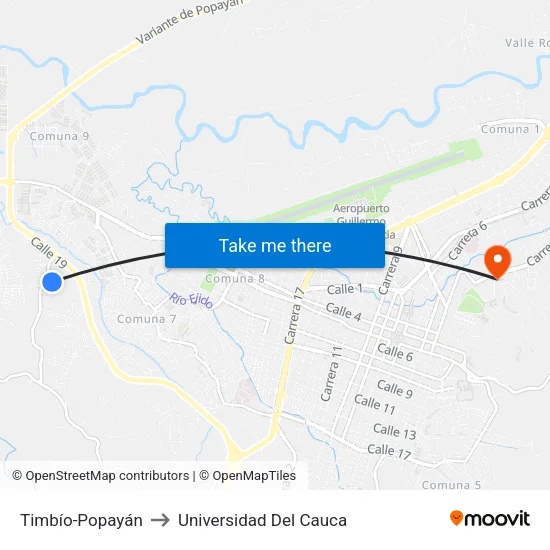 Timbío-Popayán to Universidad Del Cauca map