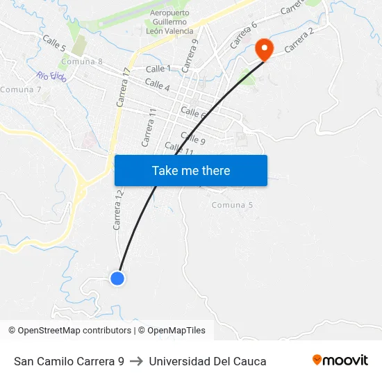 San Camilo Carrera 9 to Universidad Del Cauca map