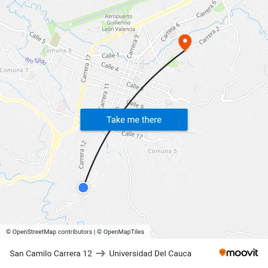 San Camilo Carrera 12 to Universidad Del Cauca map