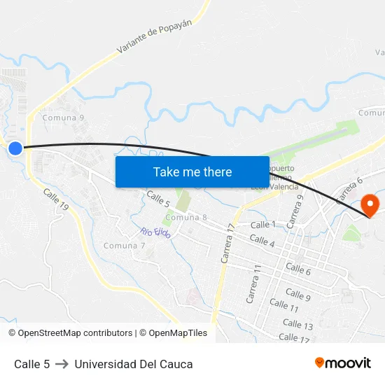 Calle 5 to Universidad Del Cauca map