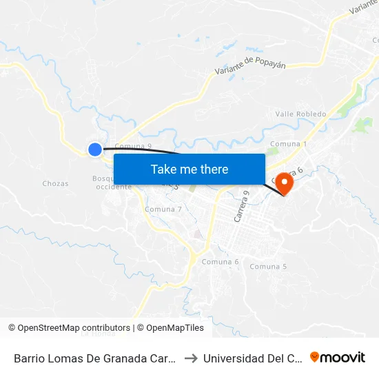 Barrio Lomas De Granada Carrera 57 to Universidad Del Cauca map