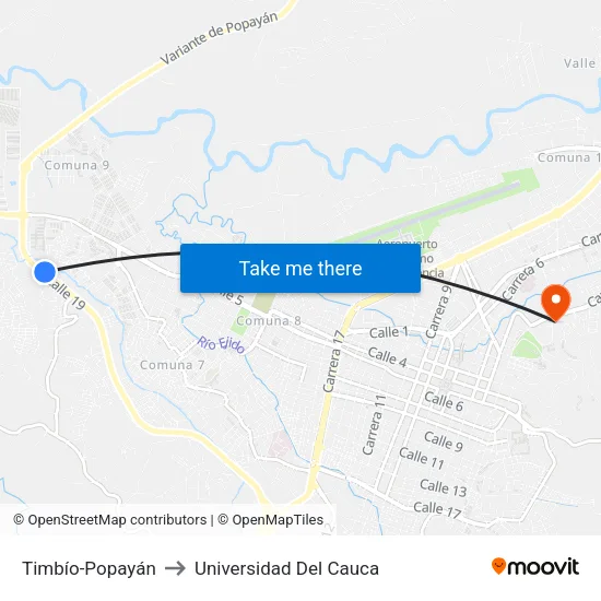 Timbío-Popayán to Universidad Del Cauca map
