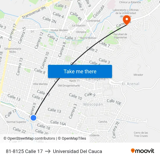 81-8125 Calle 17 to Universidad Del Cauca map