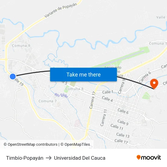 Timbío-Popayán to Universidad Del Cauca map
