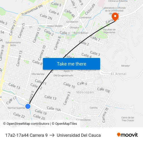 17a2-17a44 Carrera 9 to Universidad Del Cauca map