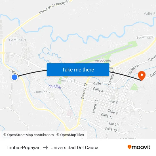 Timbío-Popayán to Universidad Del Cauca map