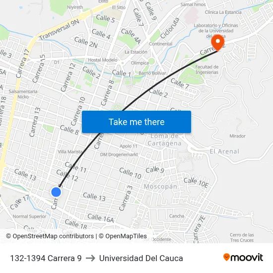 132-1394 Carrera 9 to Universidad Del Cauca map
