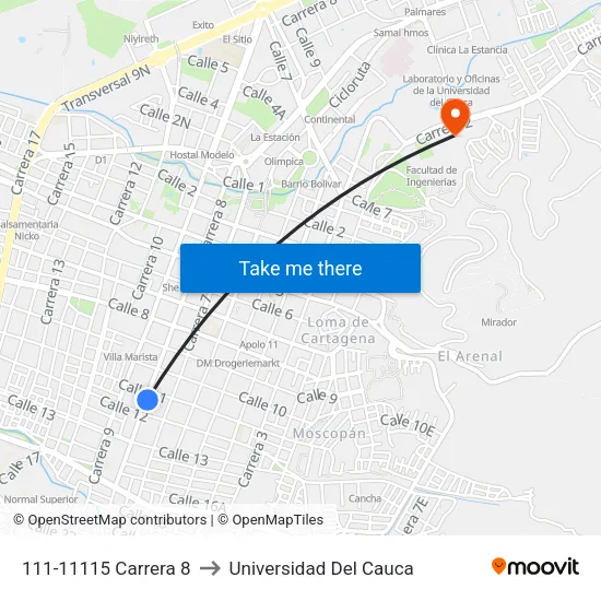 111-11115 Carrera 8 to Universidad Del Cauca map