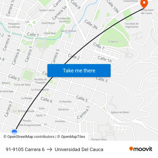91-9105 Carrera 6 to Universidad Del Cauca map