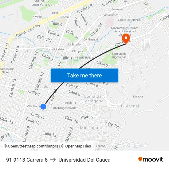 91-9113 Carrera 8 to Universidad Del Cauca map