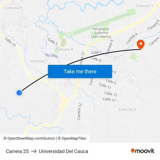 Carrera 25 to Universidad Del Cauca map
