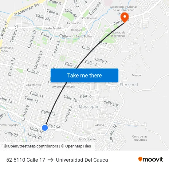 52-5110 Calle 17 to Universidad Del Cauca map