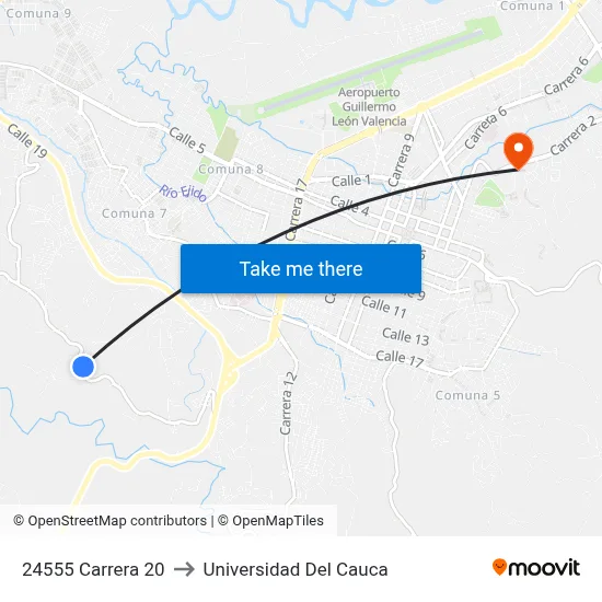 24555 Carrera 20 to Universidad Del Cauca map