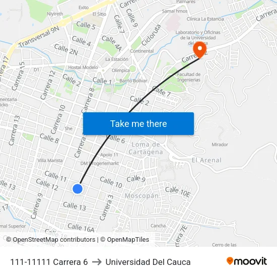 111-11111 Carrera 6 to Universidad Del Cauca map