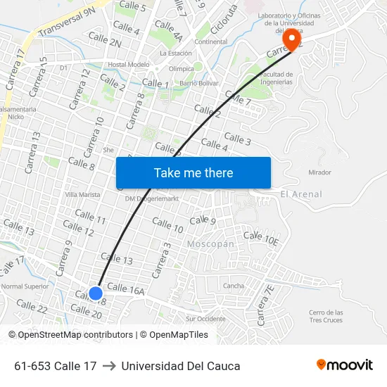 61-653 Calle 17 to Universidad Del Cauca map