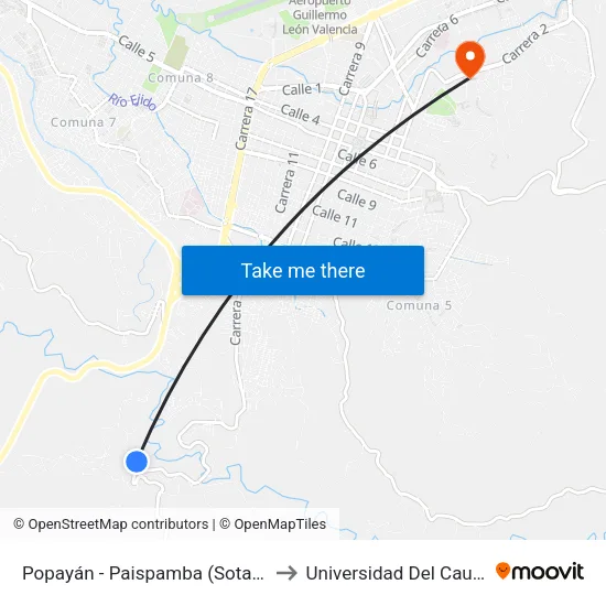 Popayán - Paispamba (Sotará) to Universidad Del Cauca map