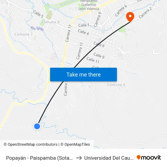 Popayán - Paispamba (Sotará) to Universidad Del Cauca map