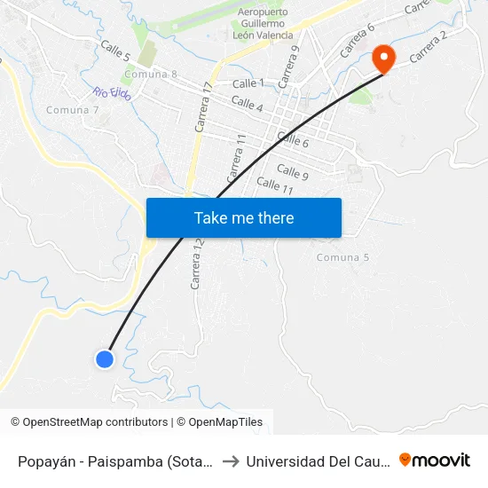 Popayán - Paispamba (Sotará) to Universidad Del Cauca map