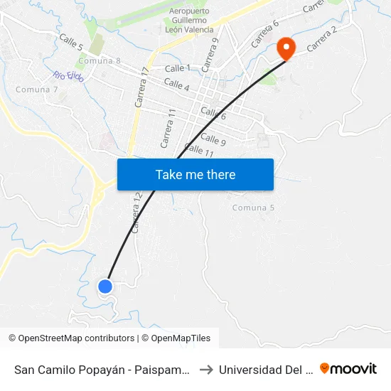 San Camilo Popayán - Paispamba (Sotará) to Universidad Del Cauca map