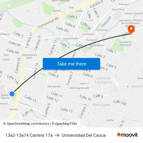 13a2-13a74 Carrera 17a to Universidad Del Cauca map