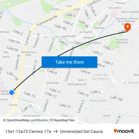 13a1-13a73 Carrera 17a to Universidad Del Cauca map