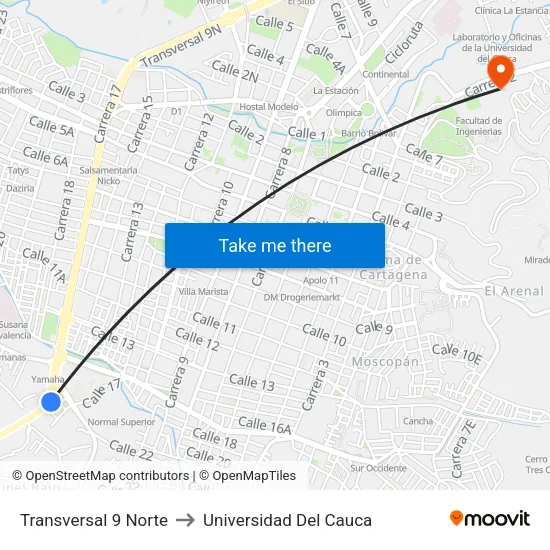 Transversal 9 Norte to Universidad Del Cauca map