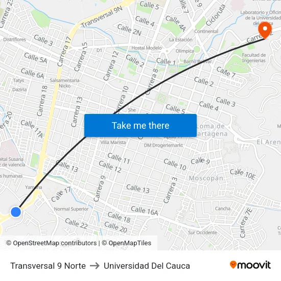 Transversal 9 Norte to Universidad Del Cauca map
