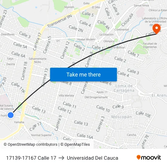 17139-17167 Calle 17 to Universidad Del Cauca map