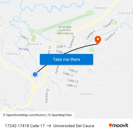 17242-17418 Calle 17 to Universidad Del Cauca map