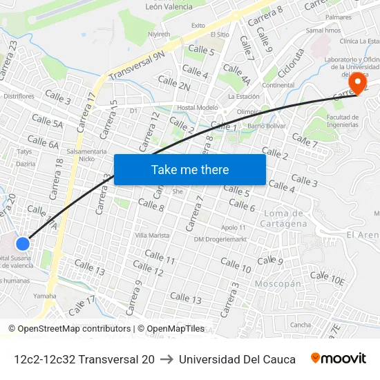 12c2-12c32 Transversal 20 to Universidad Del Cauca map