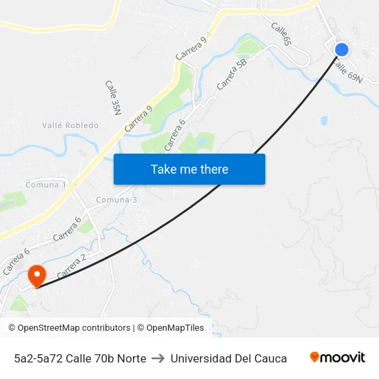 5a2-5a72 Calle 70b Norte to Universidad Del Cauca map