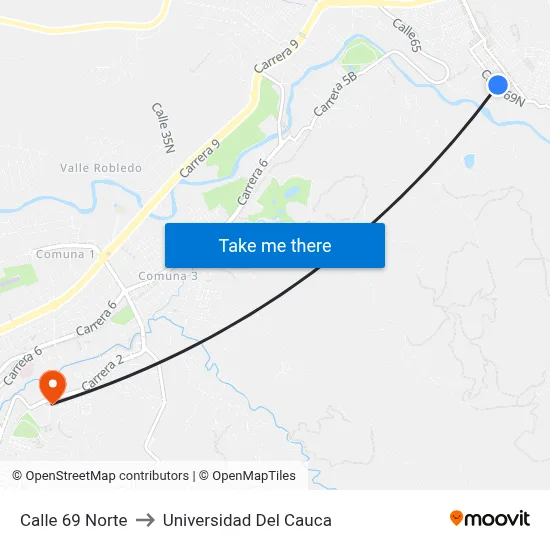 Calle 69 Norte to Universidad Del Cauca map