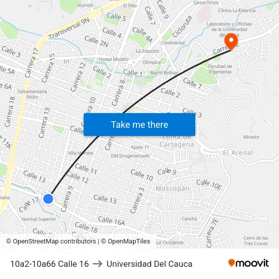 10a2-10a66 Calle 16 to Universidad Del Cauca map