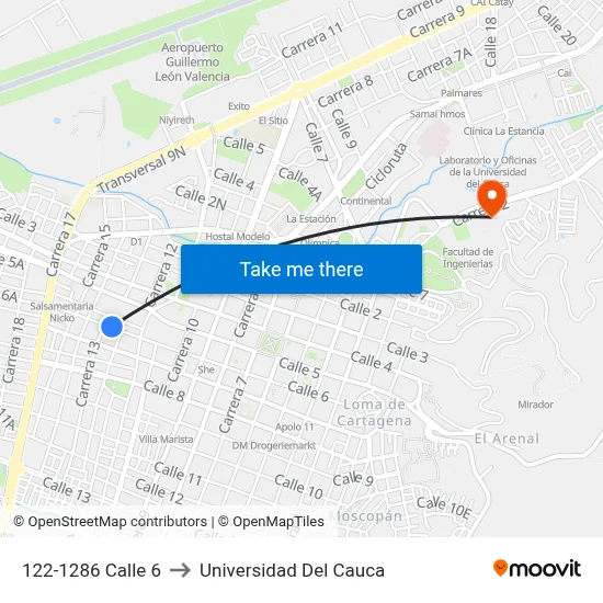 122-1286 Calle 6 to Universidad Del Cauca map