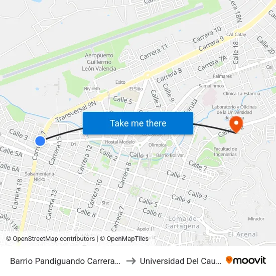Barrio Pandiguando Carrera 17 to Universidad Del Cauca map