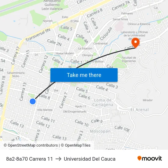 8a2-8a70 Carrera 11 to Universidad Del Cauca map