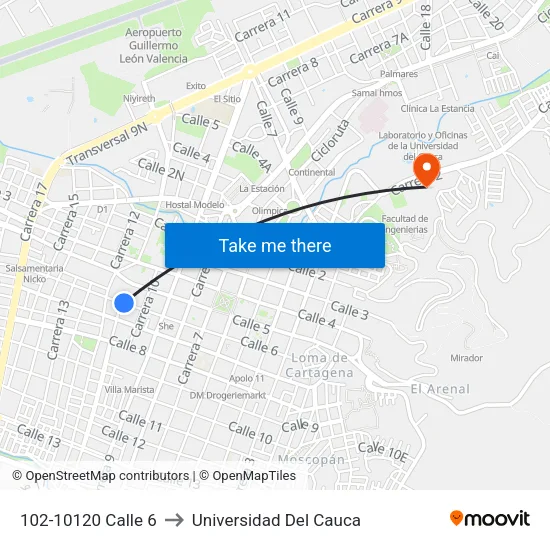 102-10120 Calle 6 to Universidad Del Cauca map