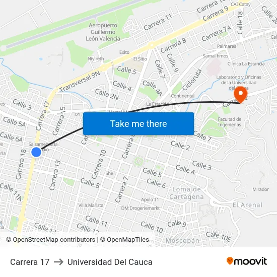 Carrera 17 to Universidad Del Cauca map