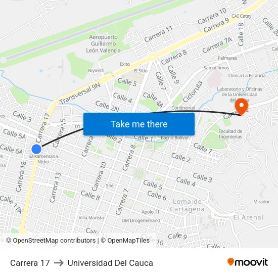Carrera 17 to Universidad Del Cauca map