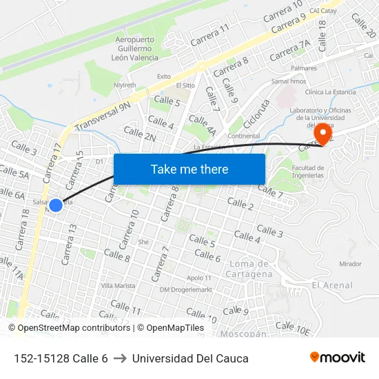 152-15128 Calle 6 to Universidad Del Cauca map