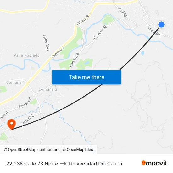 22-238 Calle 73 Norte to Universidad Del Cauca map