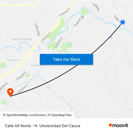Calle 69 Norte to Universidad Del Cauca map