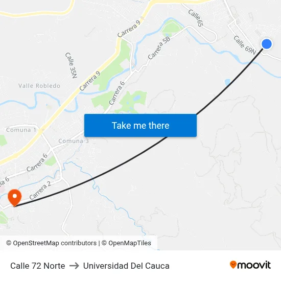 Calle 72 Norte to Universidad Del Cauca map