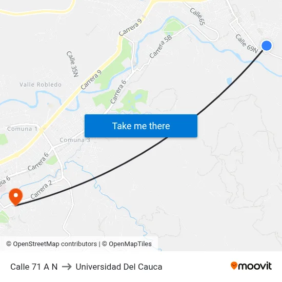 Calle 71 A N to Universidad Del Cauca map