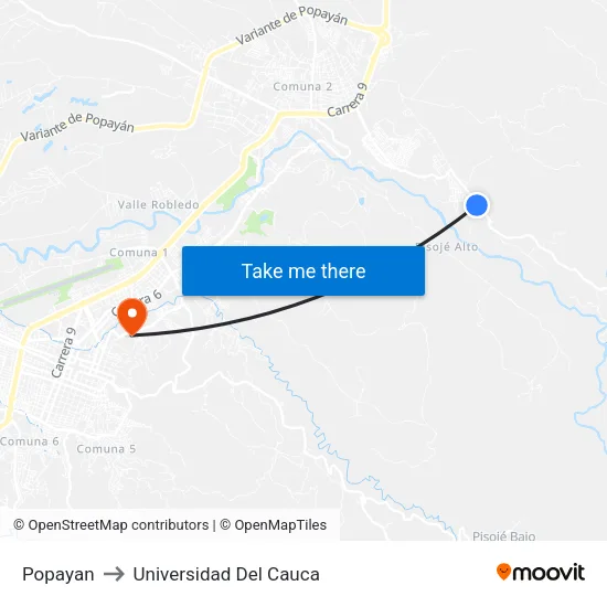 Popayan to Universidad Del Cauca map