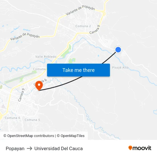 Popayan to Universidad Del Cauca map